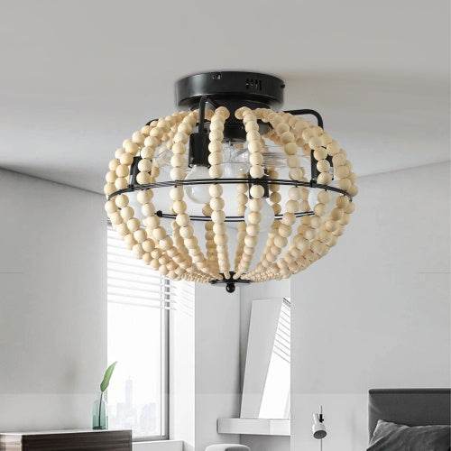 Beaded Fan Lamp Wooden Beaded Chandelier Oak White