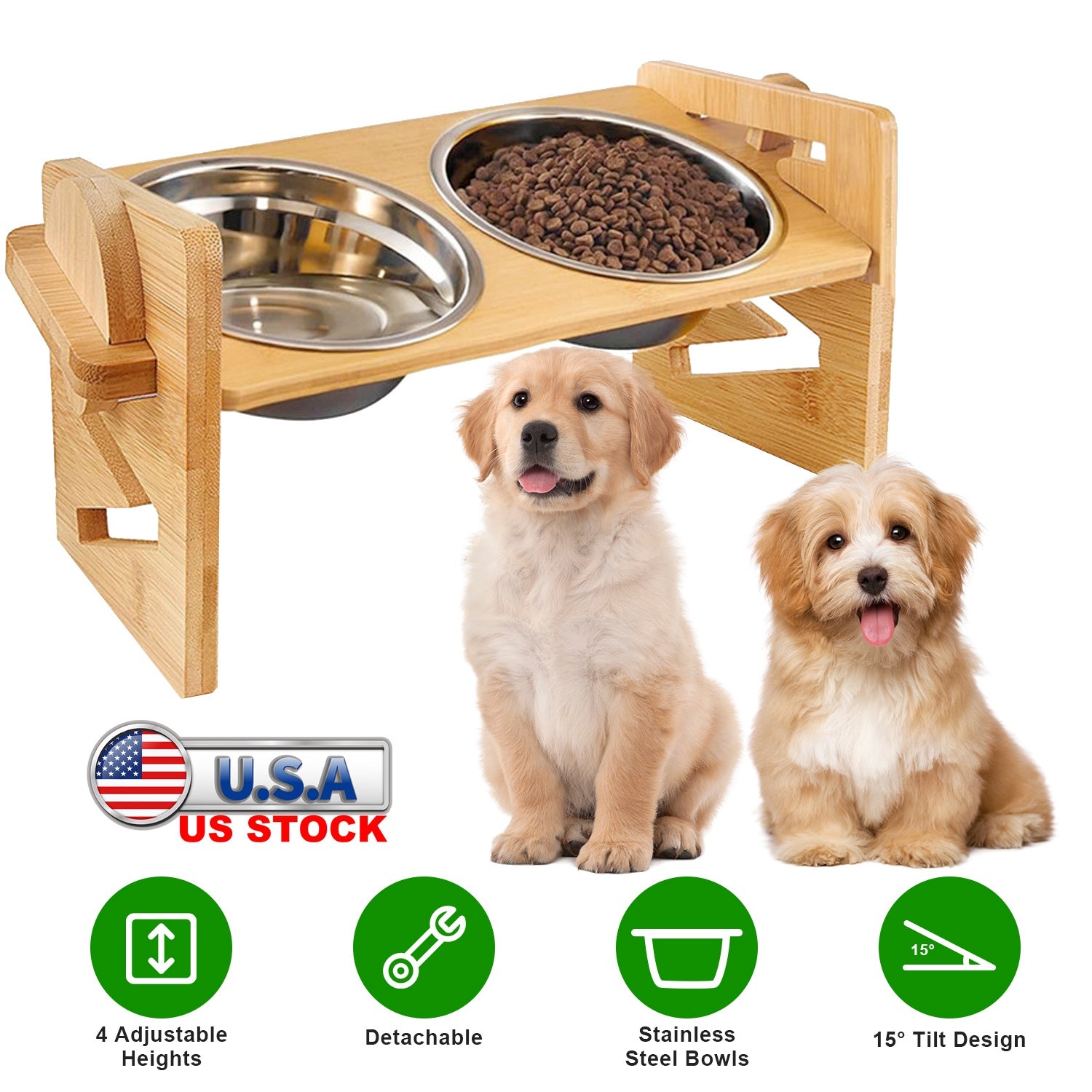 Bamboo Double Dog Raised Bowls 15° Tilt Elevated Dog Bowls with 4 Adjustable Heights 2 Stainless Steel Bowls Pet Feeder for Dogs Cats Rabbits