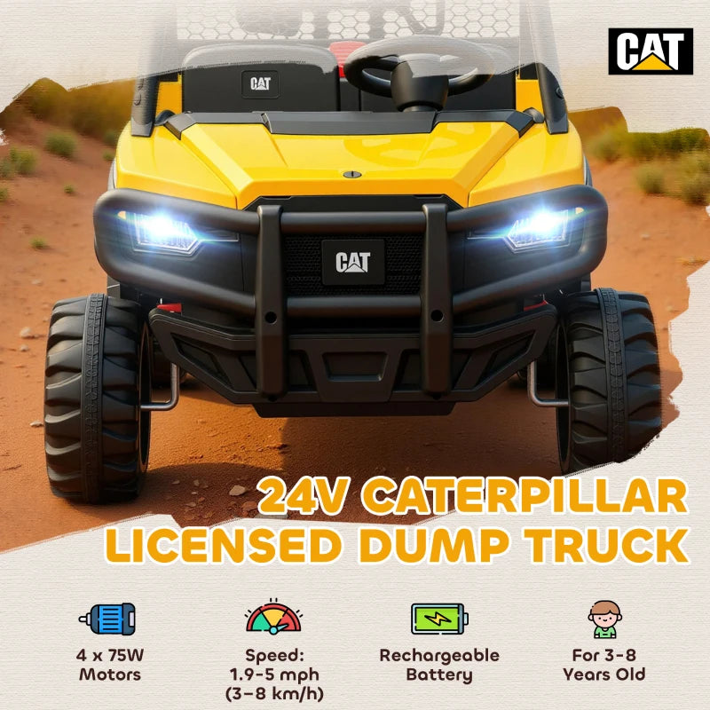 Qaba 24V Kids Ride on Tractor, 4WD 2 Seater Licensed Caterpillar Electric Vehicle with Remote Control, Dump Bed, Yellow