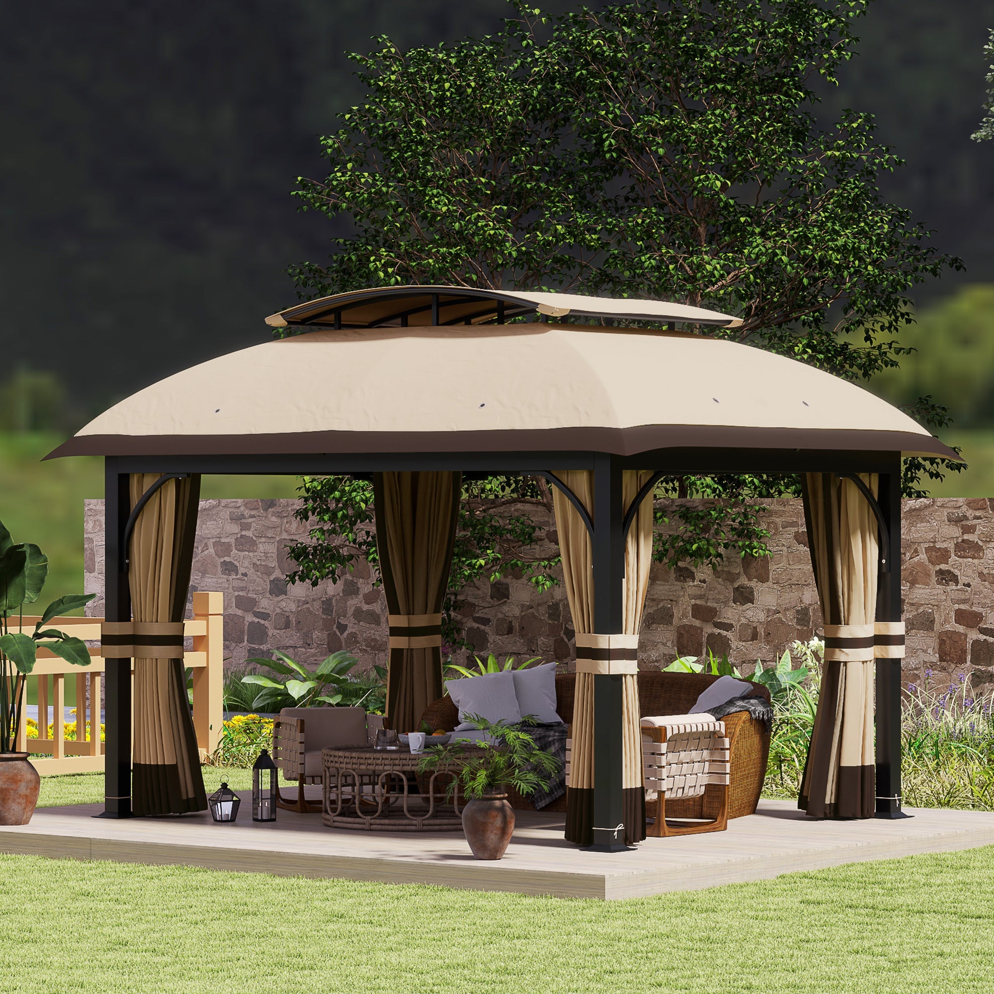 Outsunny 11' x 13' Patio Gazebo, Double Roof Outdoor Gazebo Canopy with Netting & Curtains, Galvanized Metal Frame, Khaki