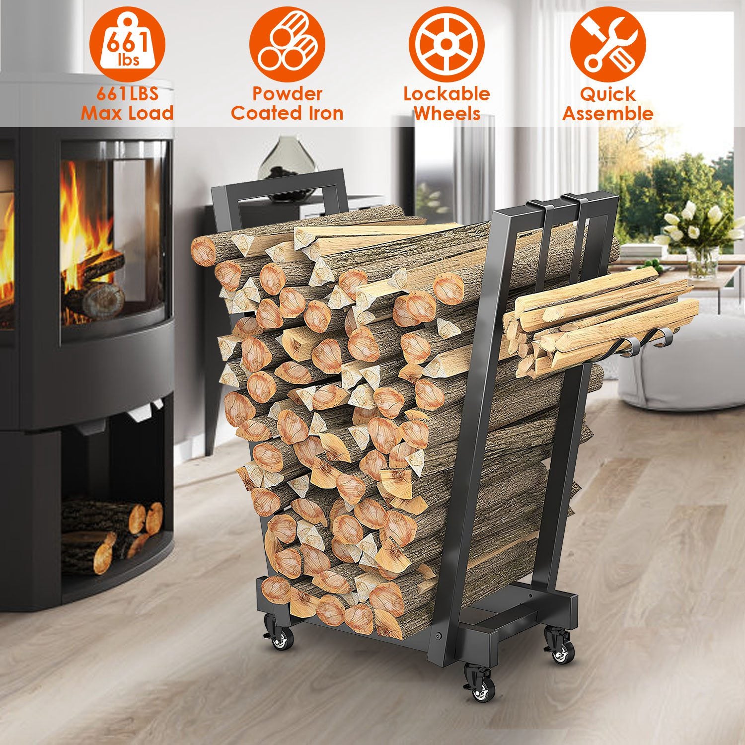 18.5x10.86x23.42in Firewood Log Rack 661LBS Iron Wood Lumber Storage Stacking Rack Iron Storage Holder for Fireplace Firepit with 2 Hanging Hooks 4 Sw
