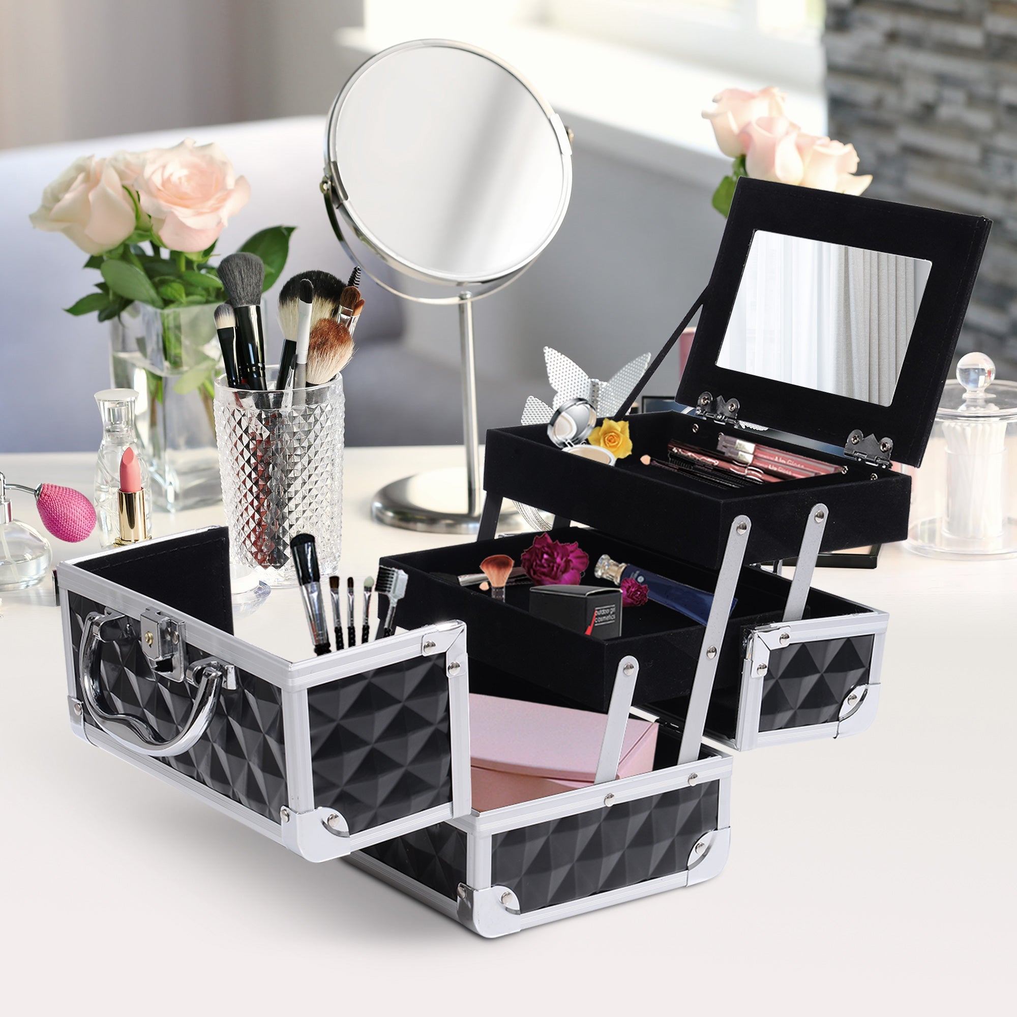 HOMCOM Cosmetic Train Case 3 Tier Diamond Texture Organizer with Mirror Portable Black 8"x6"x6"