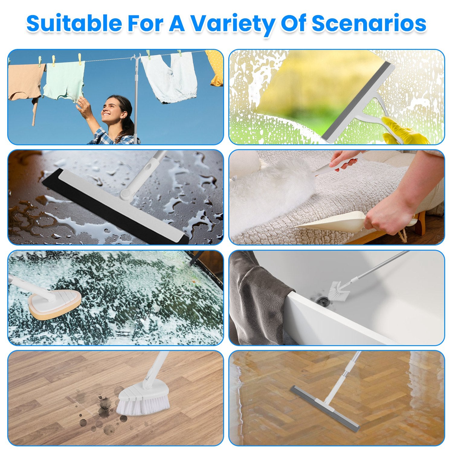 8 in 1 Tub And Tile Scrubber Cleaning Brush With 42.91in Long Handle Length Adjustable Rod Shower Cleaning Brush With Sponge Hard Bristles Gap Brush W