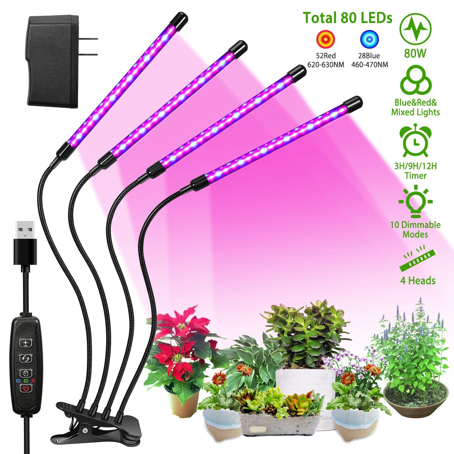 Grow Lights for Indoor Plants, iMounTEK 80W 80 LEDs Plant Lights with Red Blue Full Spectrum 10 Dimmable Level 360°Adjustable Gooseneck 3/6/12H Timer