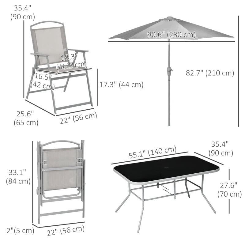 8 Piece Patio Set with Umbrella, 6 Folding Chairs, Rectangle Table, Outdoor Dining Set for 6 with Mesh Seat, Grey