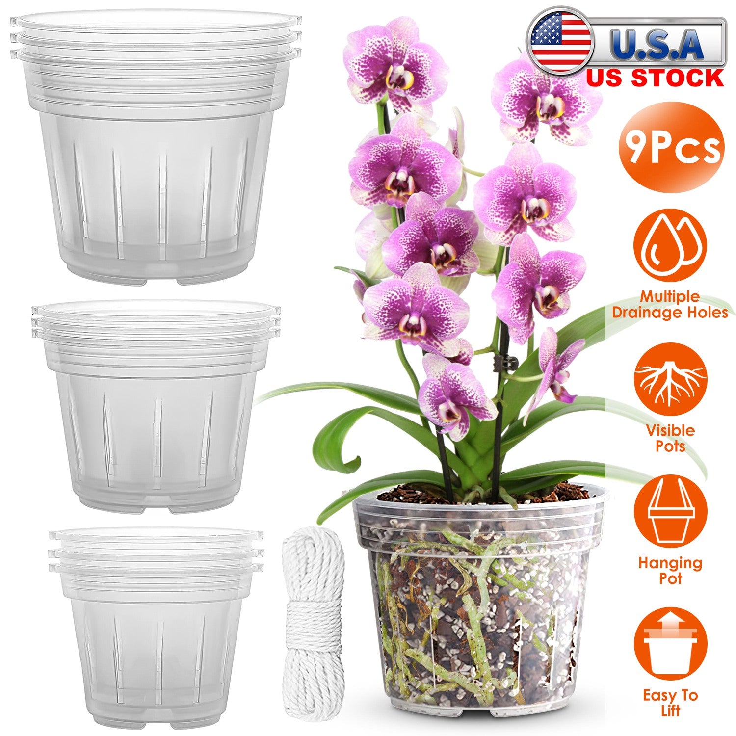 9Pcs Orchid Pots Clear Reusable Plastic Flower Plant Nursery Planter Seed Starter Pots with Drainage Holes with 32.8FT Rope 4.72in/5.51in/6.29in