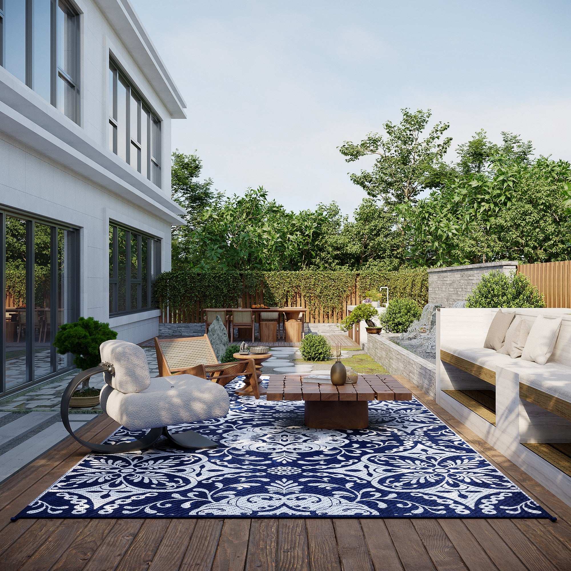 Outsunny 9' x 18' Portable Outdoor Rug Reversible Waterproof Mat with Carry Bag for RV Backyard Deck Blue White Flower