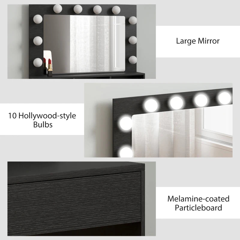 Vanity Table, Makeup Dressing Table with LED Lighting Mirror, Charging Station and Drawers for Bedroom, Black