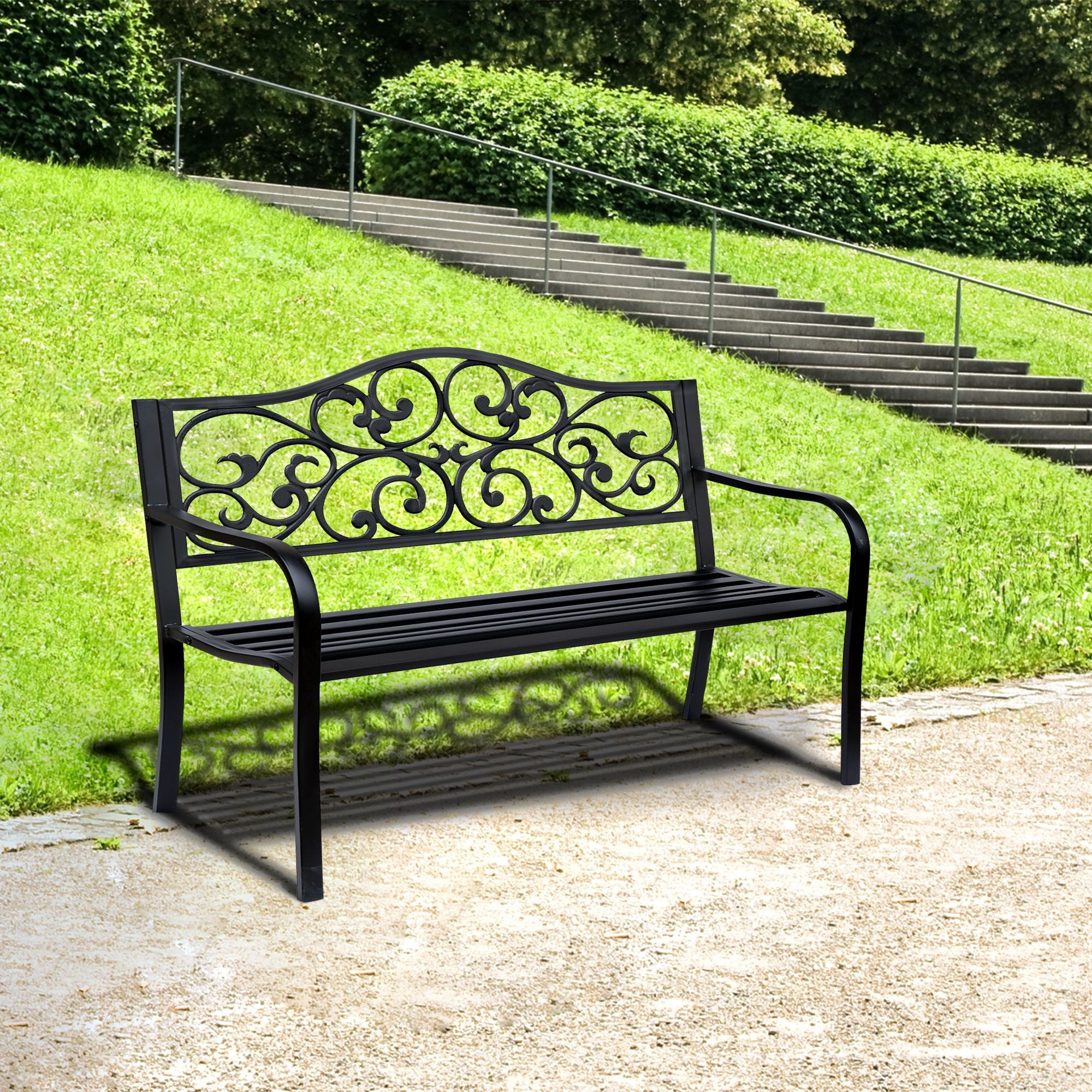 Outsunny Garden Bench Outdoor Loveseat with Vintage Floral Pattern Cast Metal, 50" x 23.6" x 35", Black