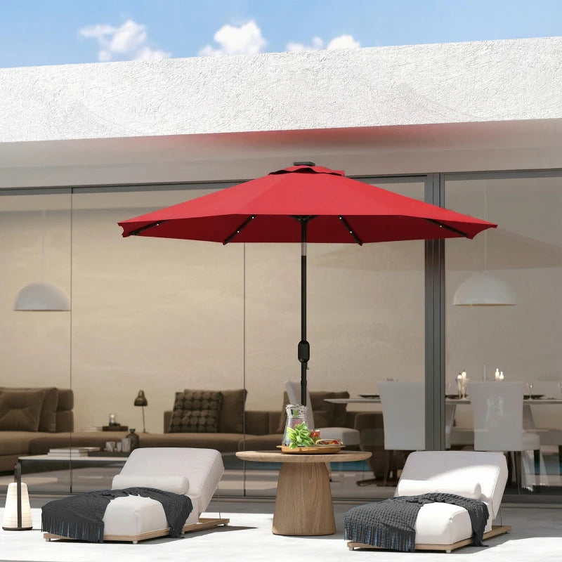 9ft Solar Patio Umbrella Outdoor Sunshade 24 LED Lights Tilt Canopy Wine Red