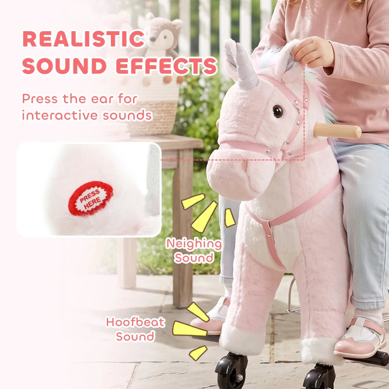 Pink Unicorn Ride-On Toy with Wheels, Sounds & Plush Design for Kids Ages 2–5