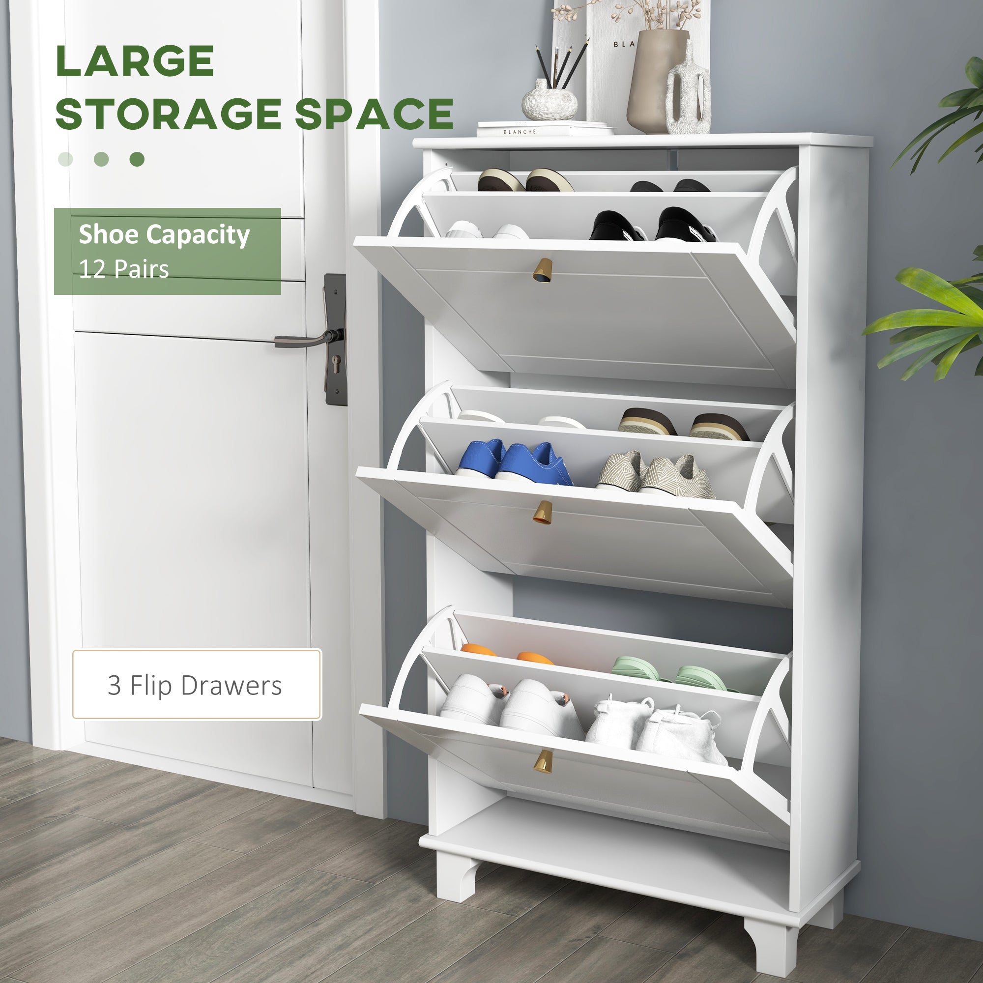 HOMCOM Narrow Shoe Cabinet: 3 Flip Drawers, Adjustable Shelves for 12 Pairs, White Small Space Organizer