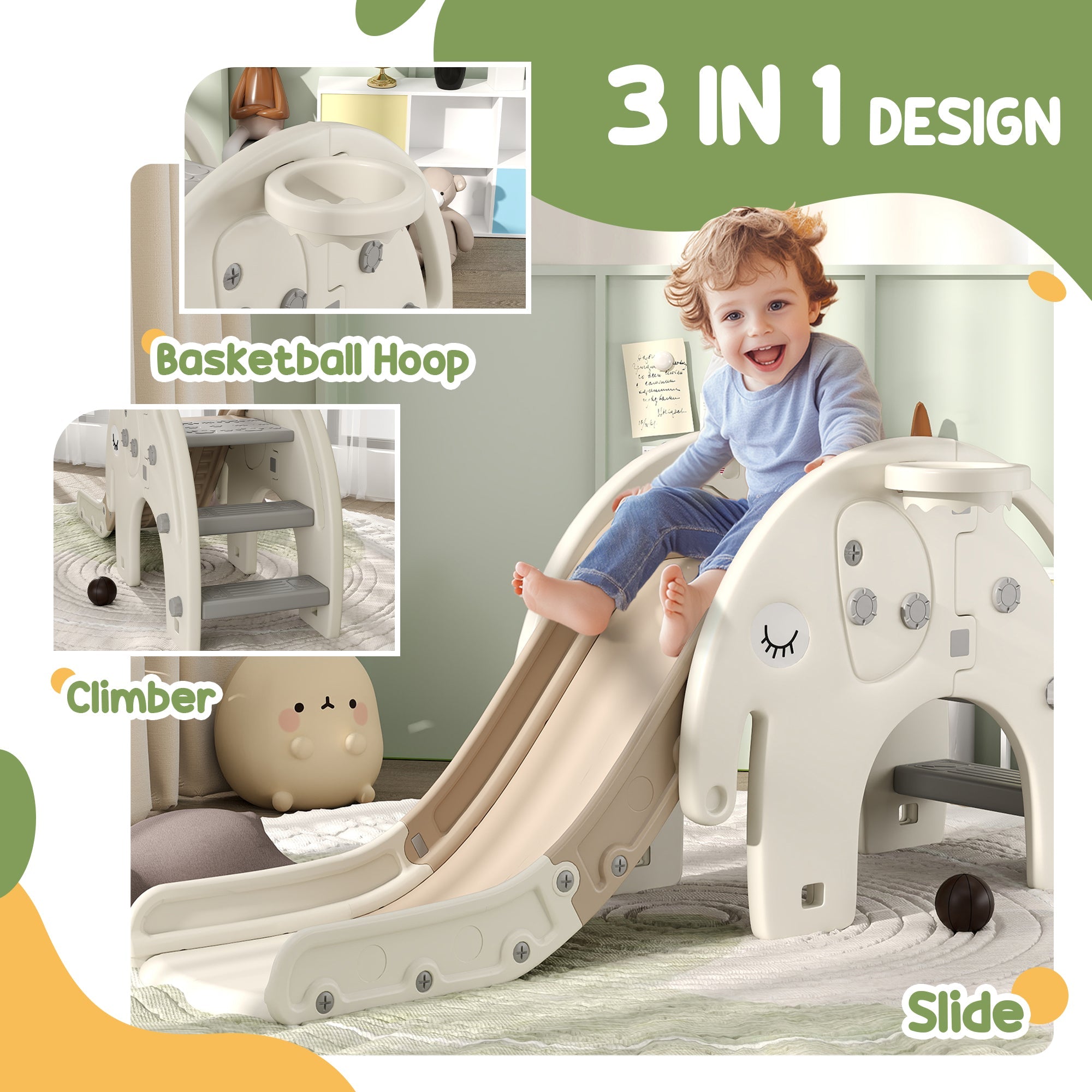 Qaba 3 in 1 Toddler Slide with Basketball Hoop, Climber, for 1-3 Years Old, Elephant-themed