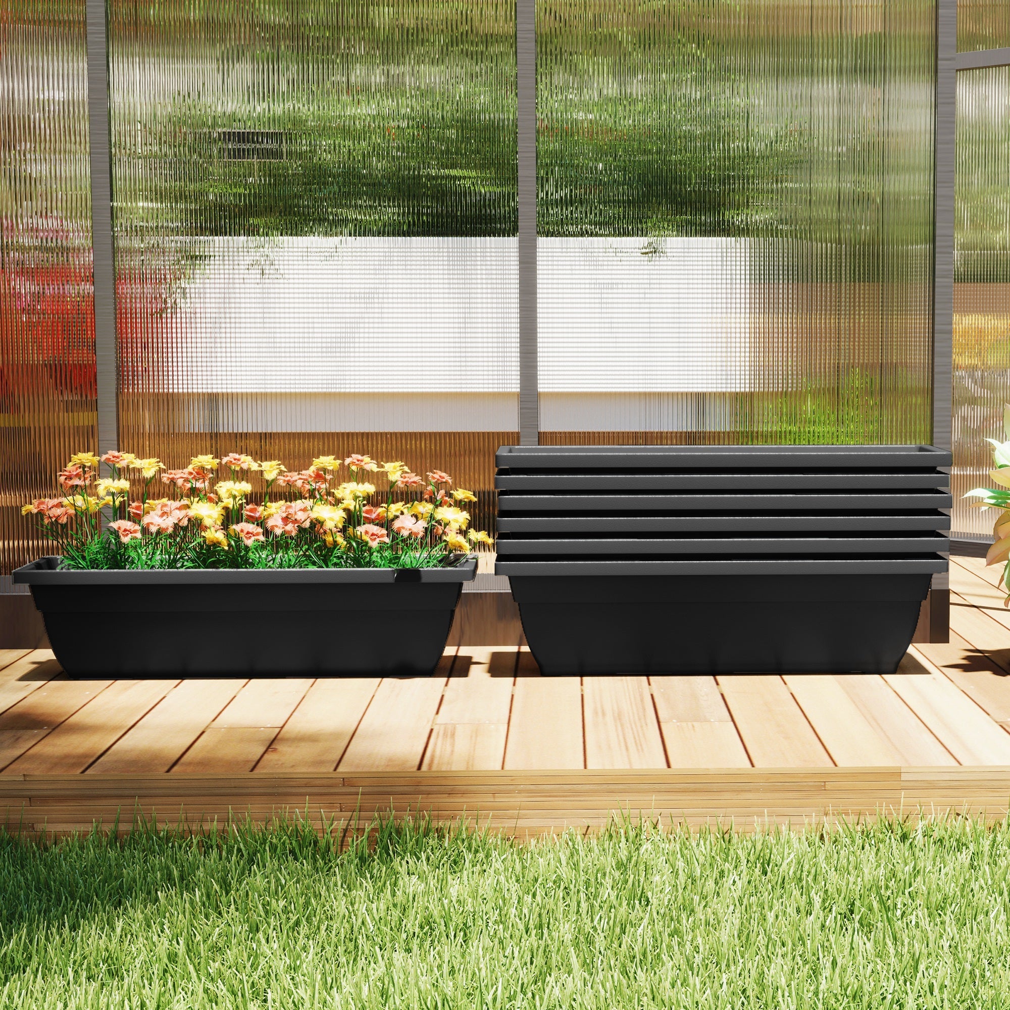 Outsunny Long Rectangular Flower Plant Pots, 7 Pack 23 Inches Window Boxes Planters for Windowsill, Garden, Black