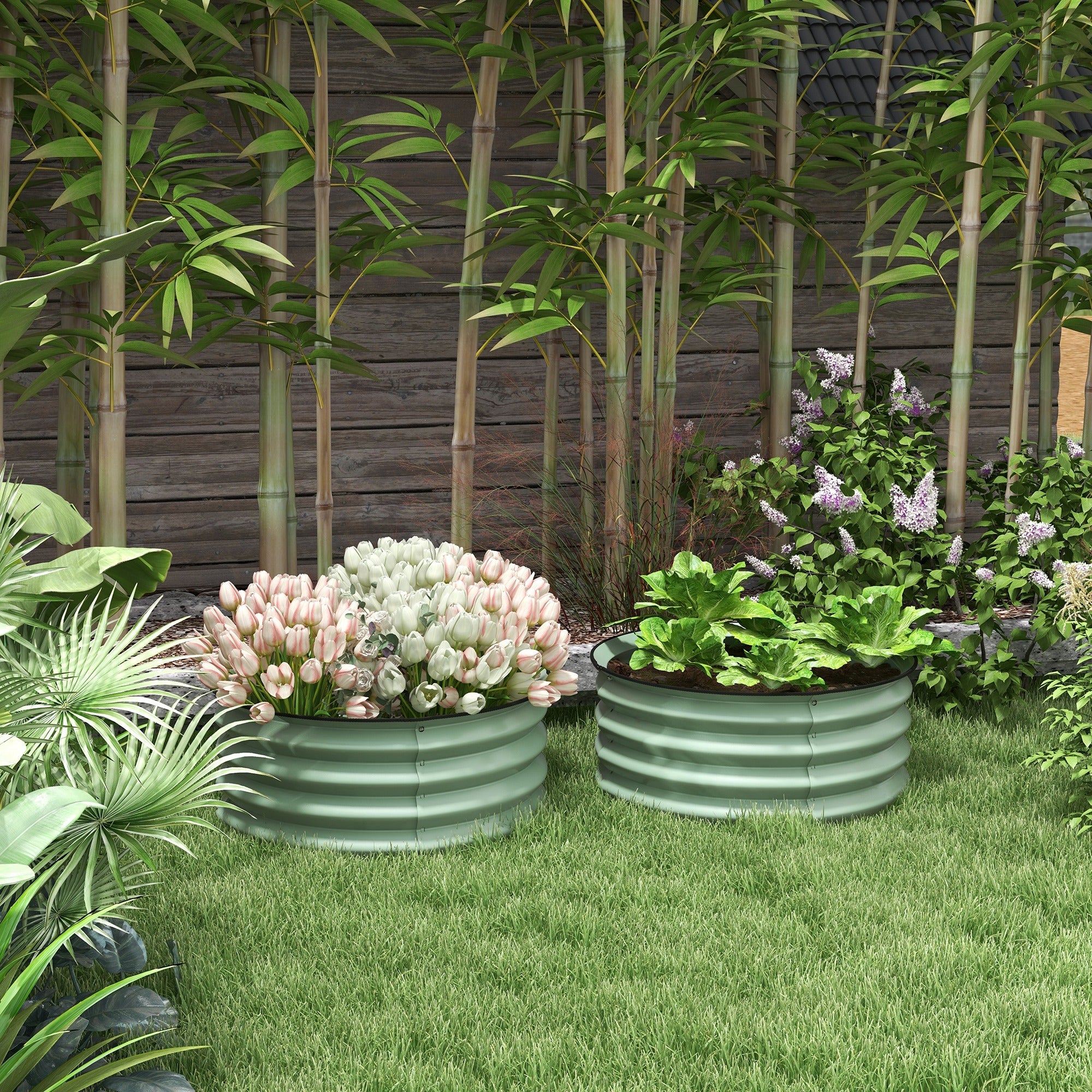 Outsunny Set of 2 Raised Garden Bed, Metal Planter Box with Safety Edging, Easy-to-assemble Stock Tank, Green