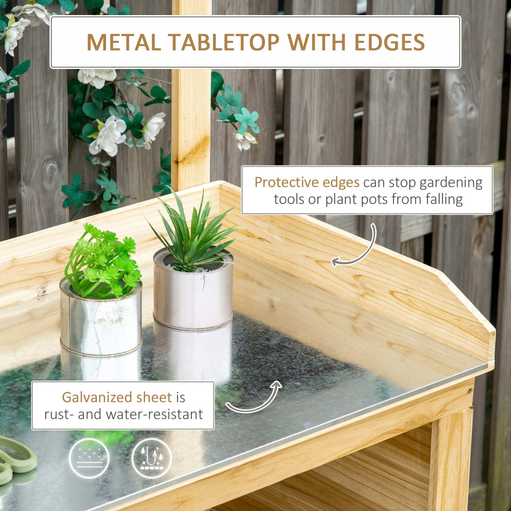 Outsunny Garden Potting Bench Table, Wooden Workstation Bench w/ Galvanized Metal Tabletop, Storage Shelves and Hooks