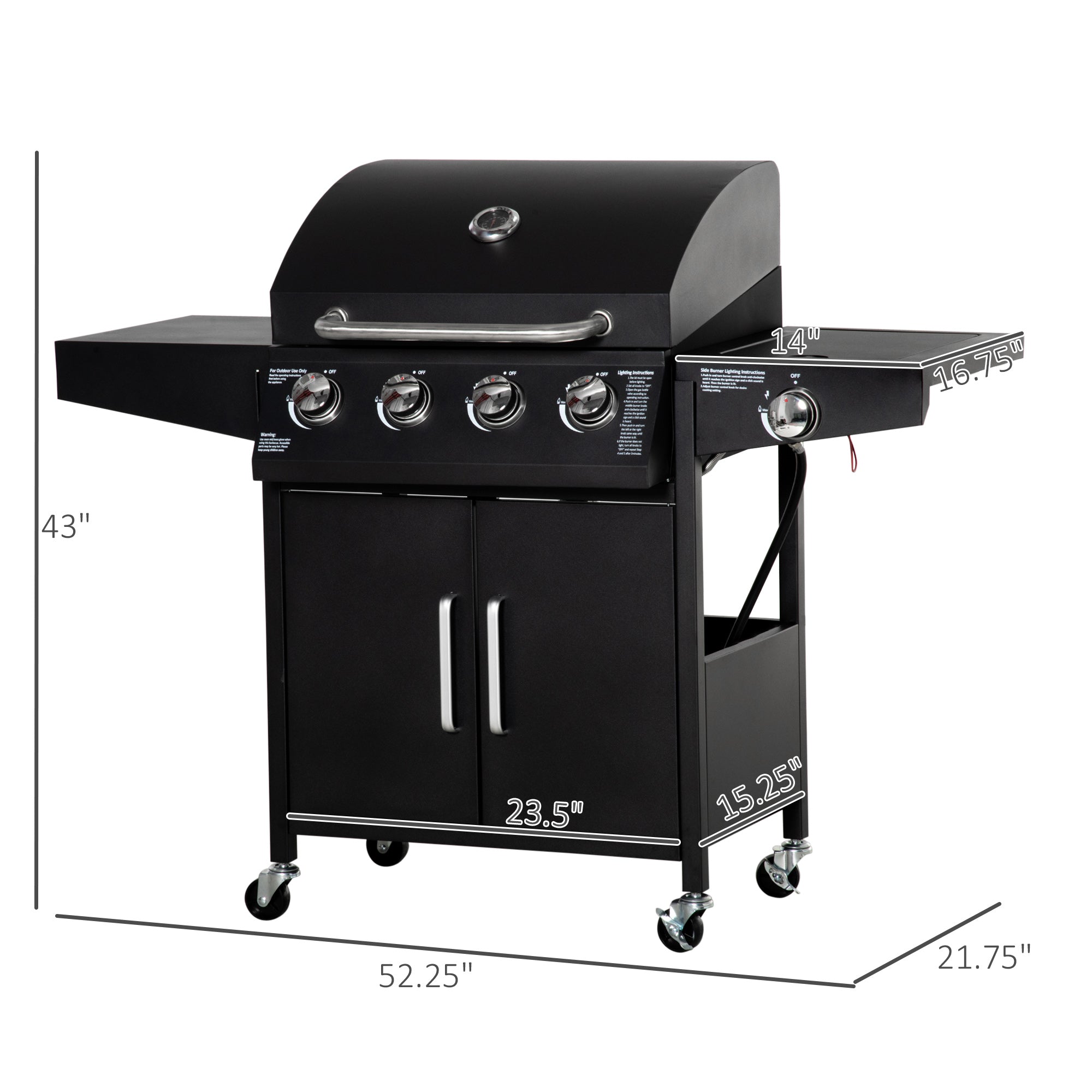 Outsunny 4+1 Burner Propane Gas Grill BBQ Trolley - Outdoor Cabinet Style with Side Burner, Warming Rack, Sleek Black