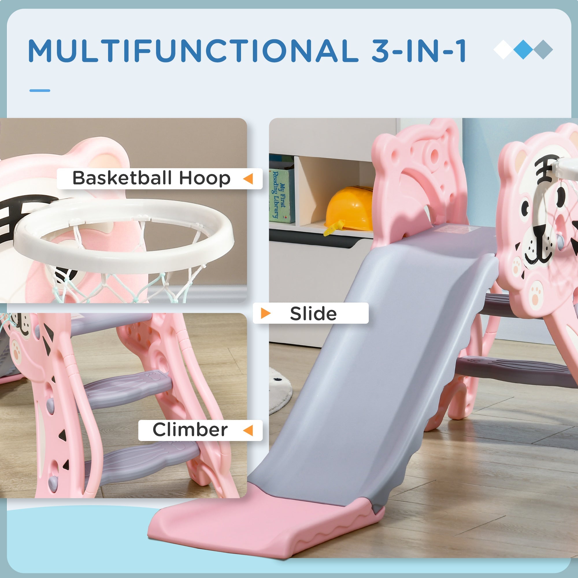 Qaba 2 in 1 Slide for Toddlers, Kids Slide Playset with Basketball Hoop for 18-36 Months, Pink