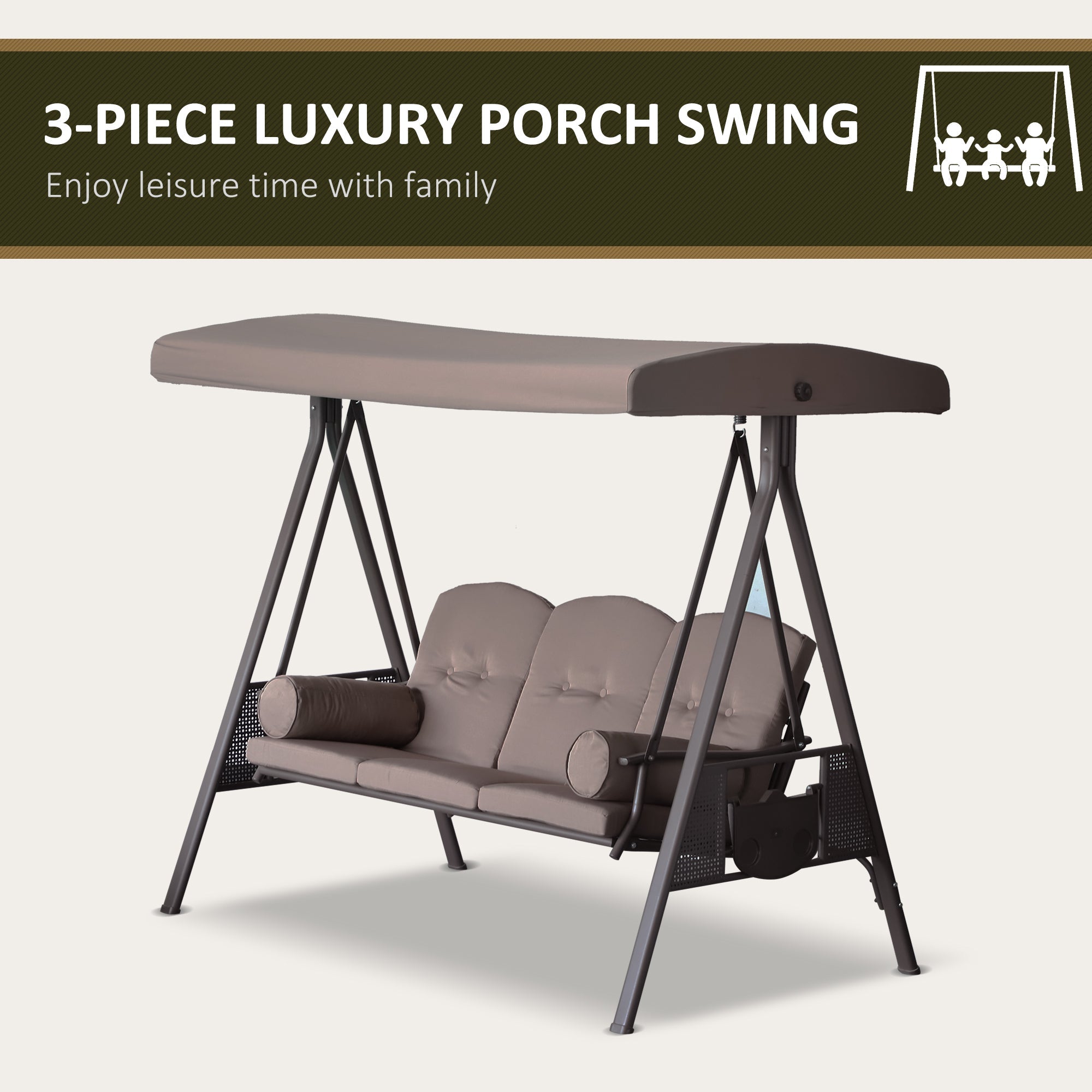 Outsunny 3-Person Porch Swing Chair Heavy Duty Outdoor Lounge Hammock with Cushioned Seat and Tilt Canopy Brown