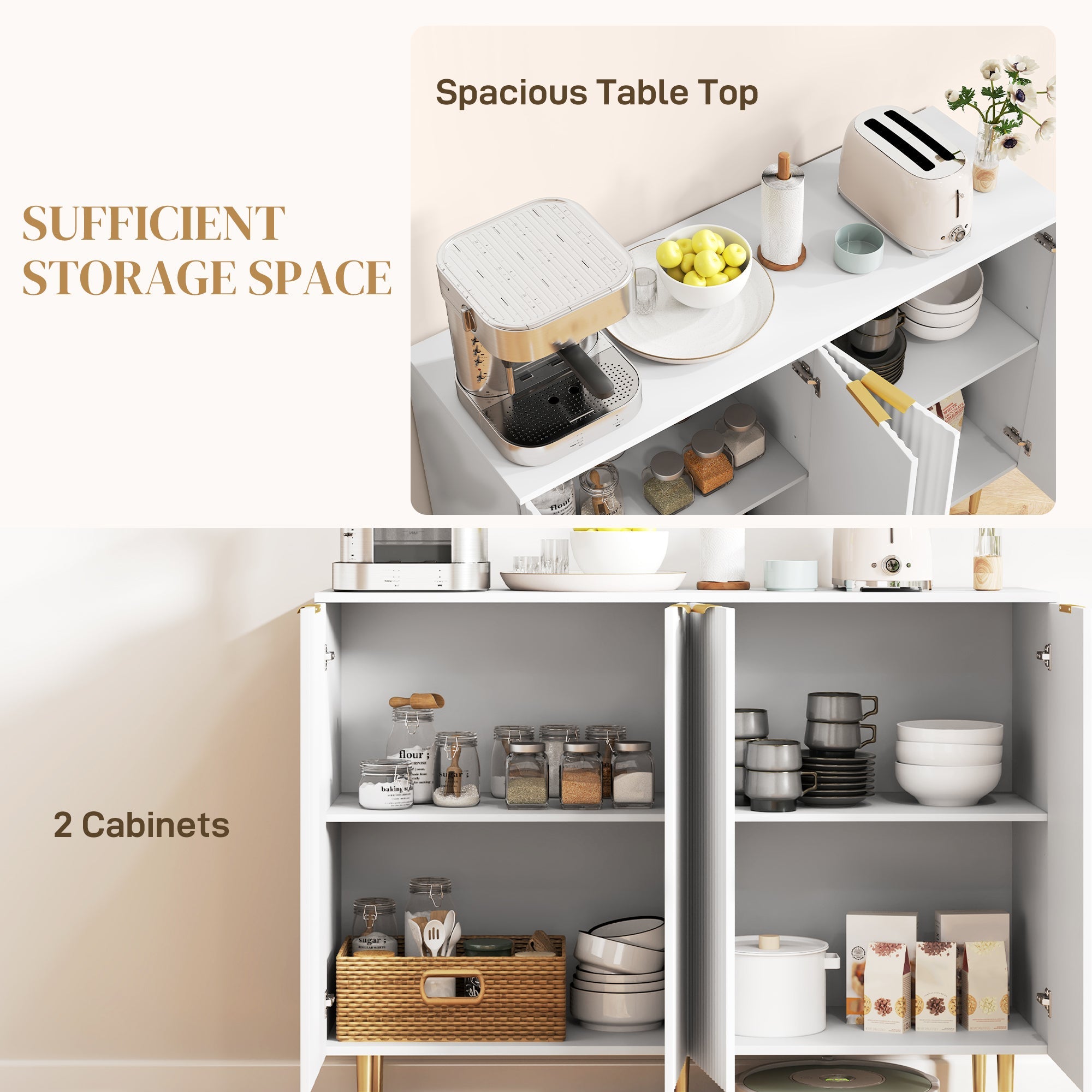 HOMCOM Modern Kitchen Storage Cabinet, Sideboard Buffet Cabinet with Adjustable Shelves for Kitchen Hallway, White