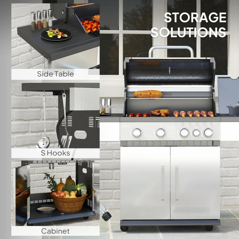 🔥 4+1 Burner Liquid Propane Gas Grill – Outdoor BBQ with Side Burner (Silver)