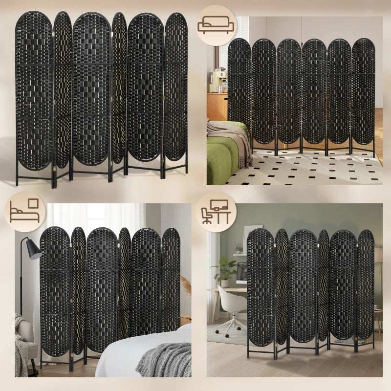 Bohemian Privacy Screen, Folding Room Divider with 6 Panels and Arched Top for Bedroom Living Room Office, Black