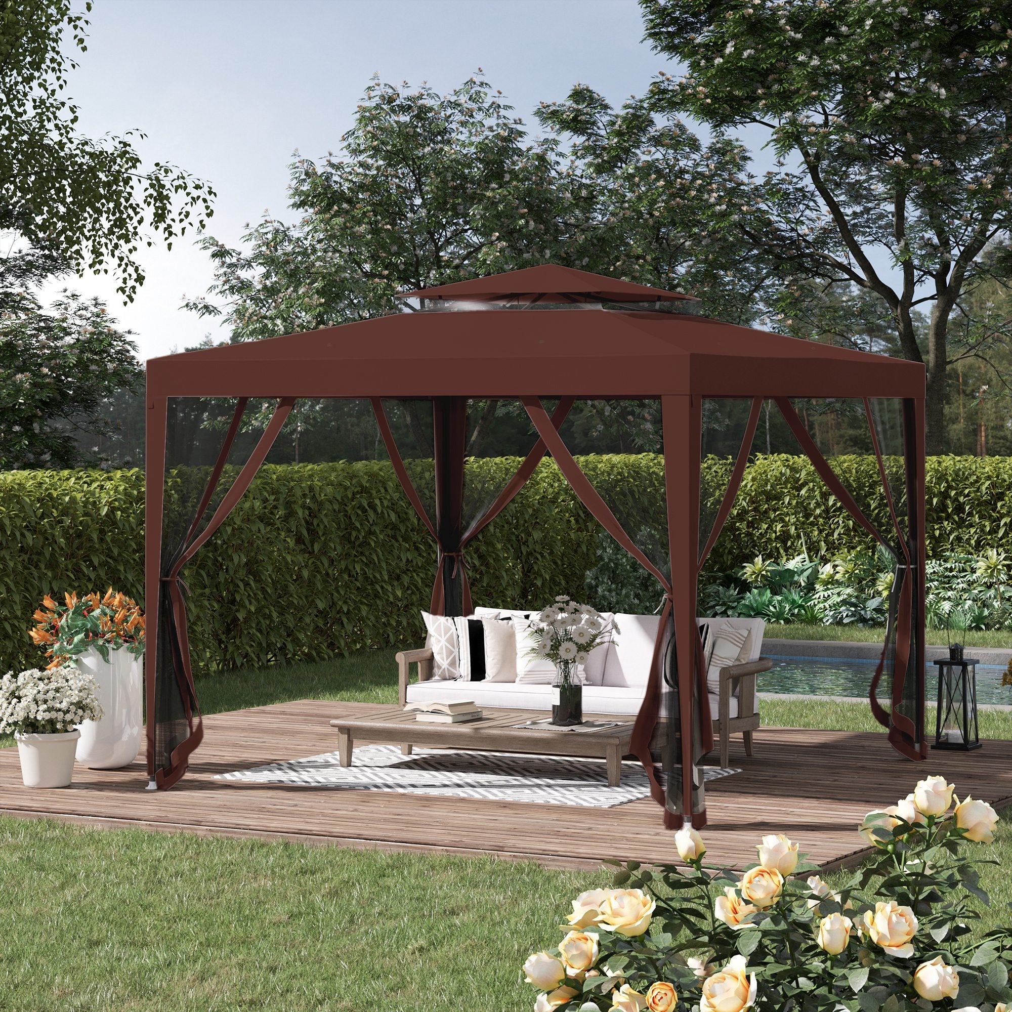 Outsunny 10x10 Canopy Tent Party Tent with Mesh Netting & Double Tier Roof for Outdoor, Garden, Patio in Brown