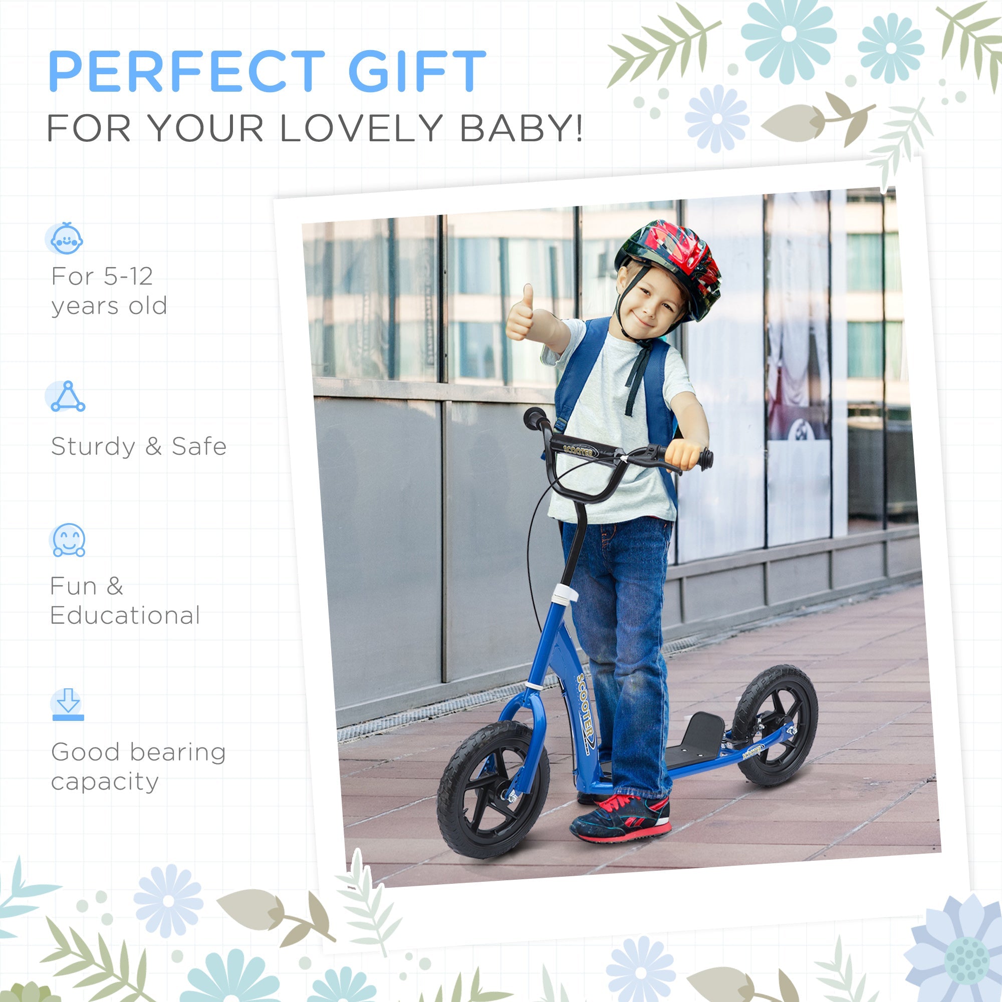HOMCOM Kids Scooter Street Bike with 12 Tire for Ages 5+ Ride on Toy Blue