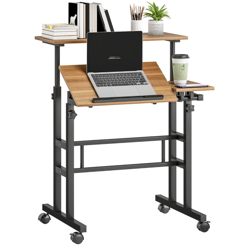 Mobile Stand Up Desk, Height & Angle Adjustable Computer Desk with Wheels for Standing or Sitting, Laptop Desk, Brown