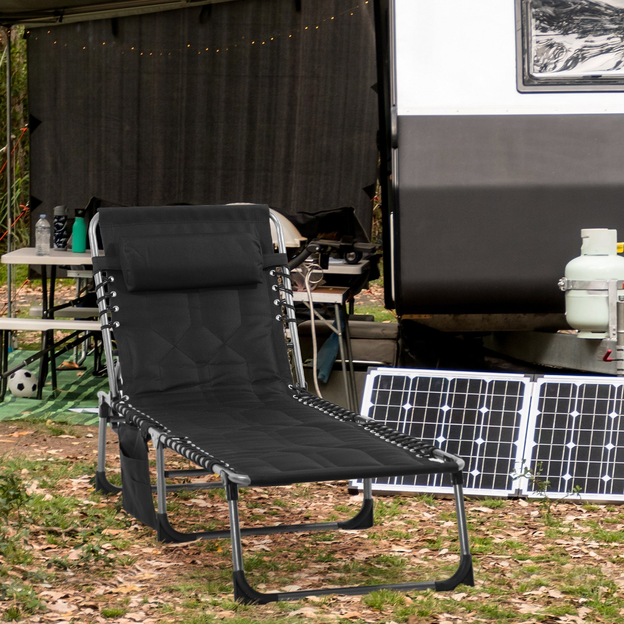 Outsunny Patio Folding Chaise Lounge Chair Outdoor Padded Tanning Recliner 5-Position Adjustable Black