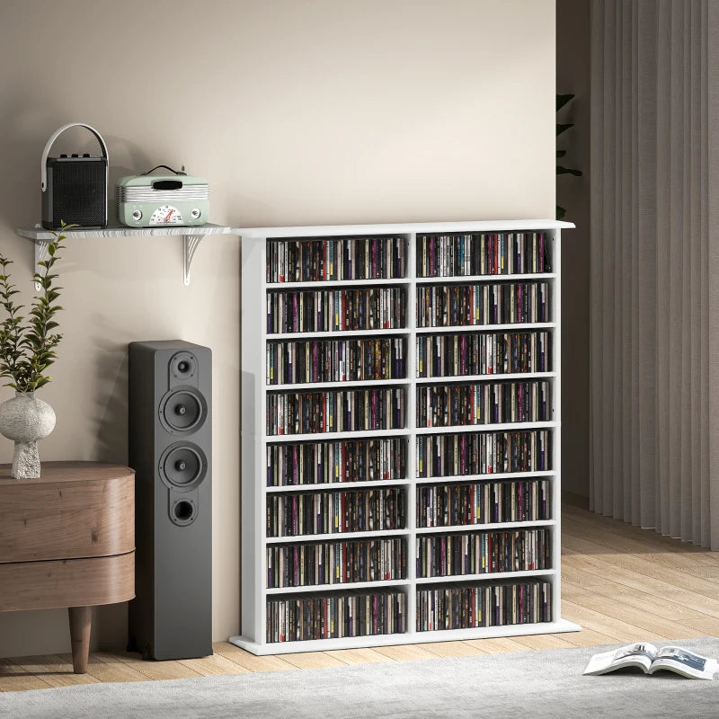 8-Tier DVD Shelf with 12 Adjustable Shelves, Double CD Shelf, Holds 720 CDs, 396 DVDs or 396 Blu-rays, White