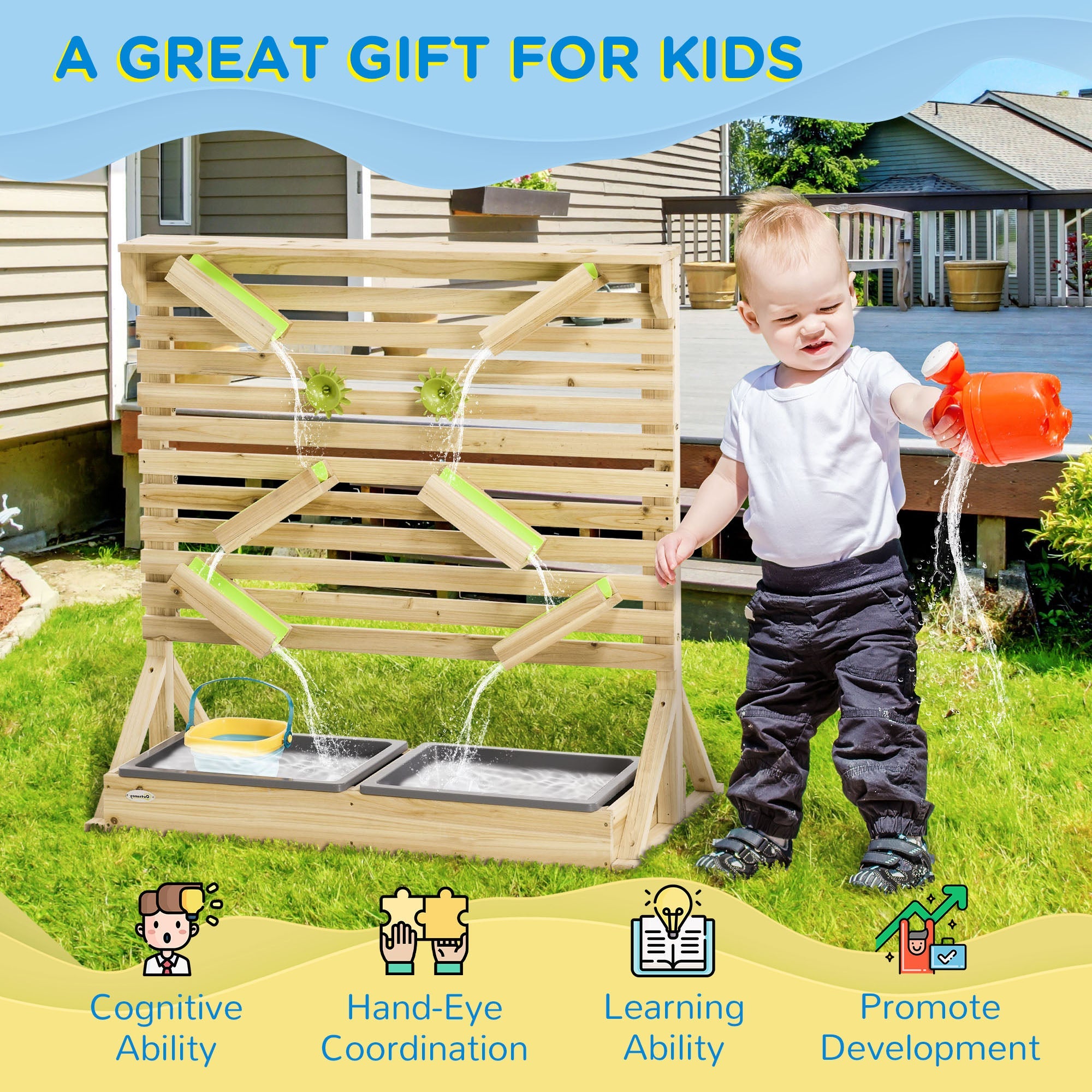 Outsunny 18Pcs Kids Running Water Sand Playset Outdoor Sinks Wooden Sensory Toys Colorful Accessories