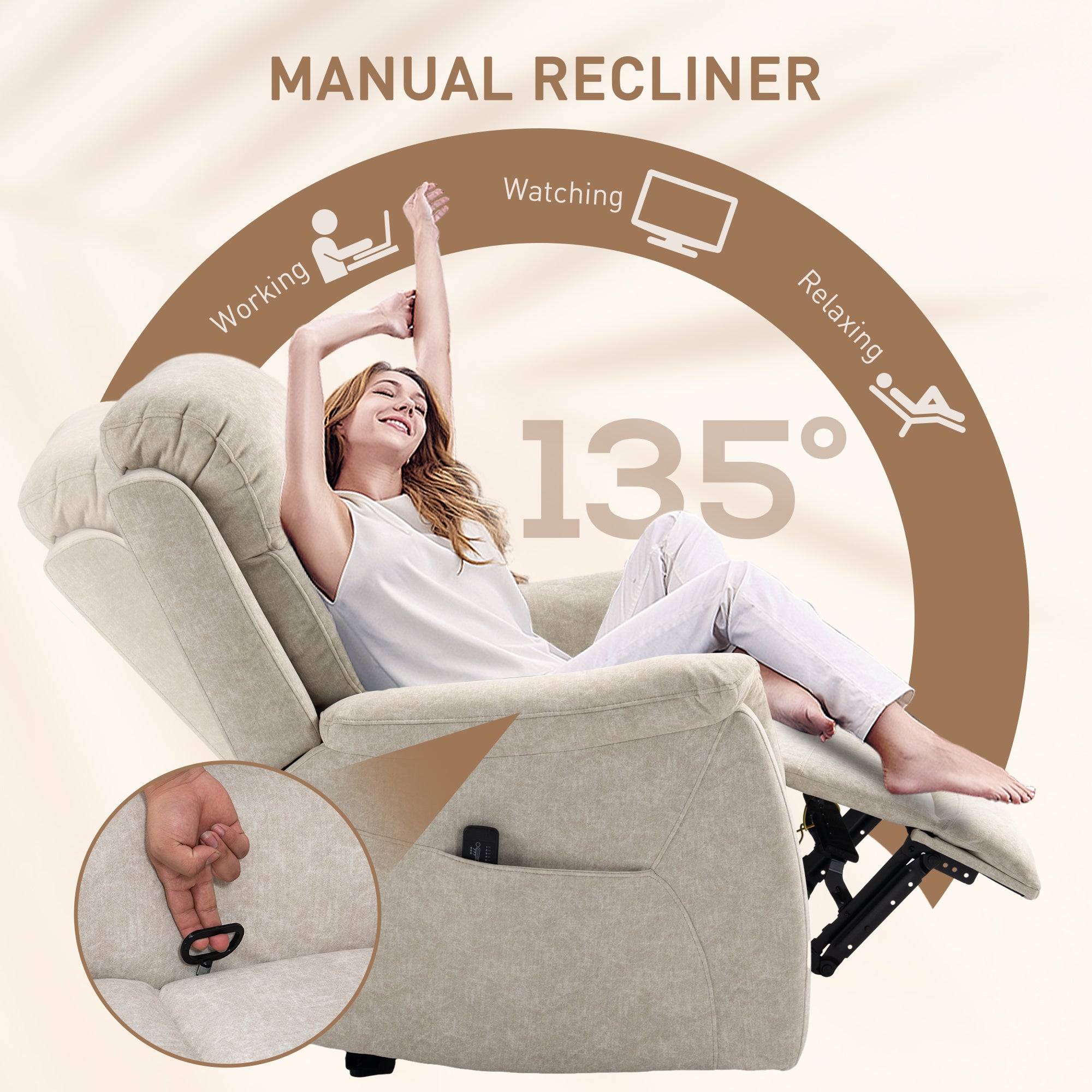 HOMCOM Manual Recliner Chair with Vibration Massage, Beige - Cozy Reclining Chair for Living Room with Side Pockets