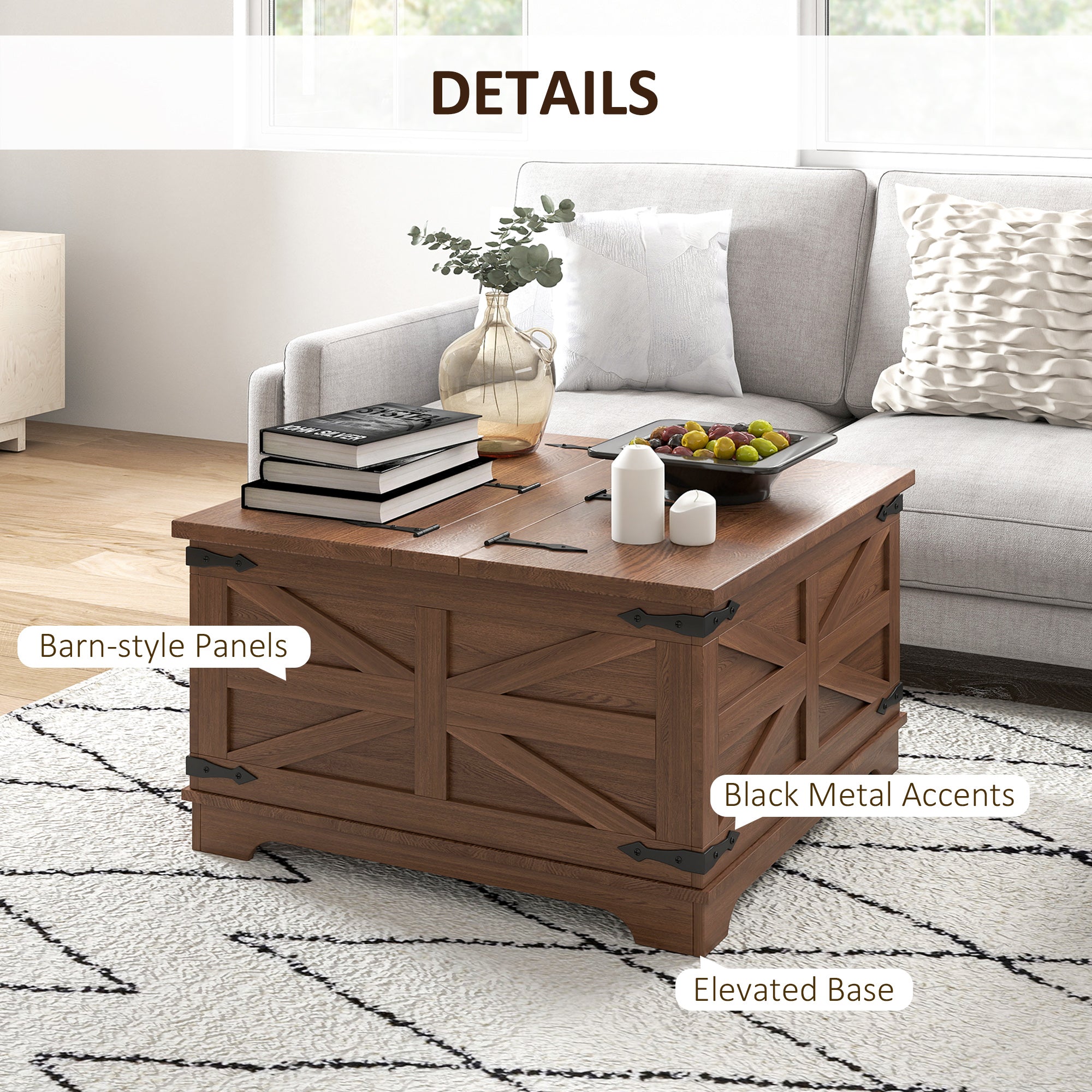 HOMCOM Farmhouse Coffee Table, Square Center Table with Flip-top Lids, Hidden Storage Compartment, Brown