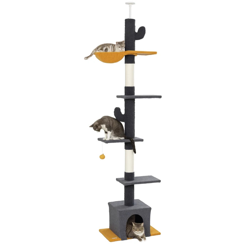 Floor to Ceiling Cat TreeTower with 90.5"-108" Adjustable Height, Scratching Posts, Hammock, Condo, Toy Ball, Dark Grey