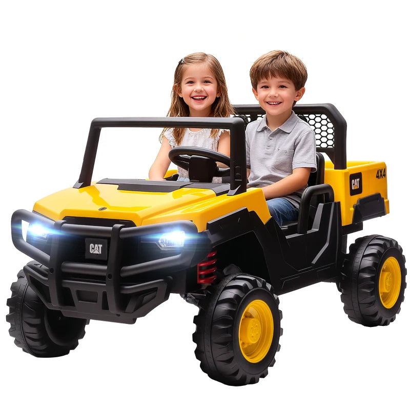 Qaba 24V Kids Ride on Tractor, 4WD 2 Seater Licensed Caterpillar Electric Vehicle with Remote Control, Dump Bed, Yellow