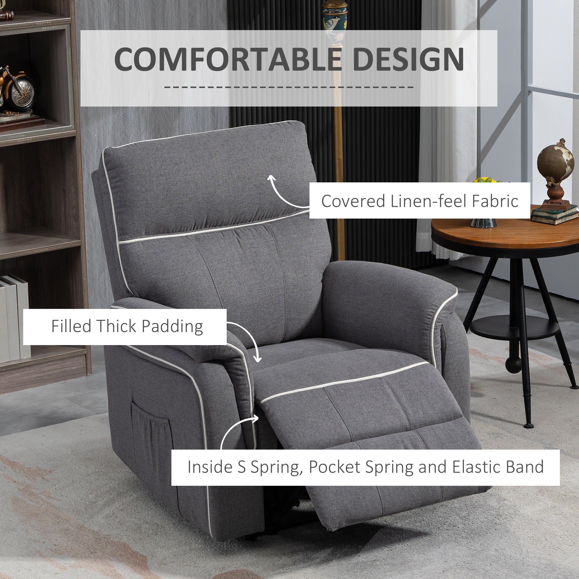 HOMCOM Fabric Reclining Chair, Manual Recliner Chair for Living Room with Footrest, 2 Side Pockets, Steel Frame, Dark Grey