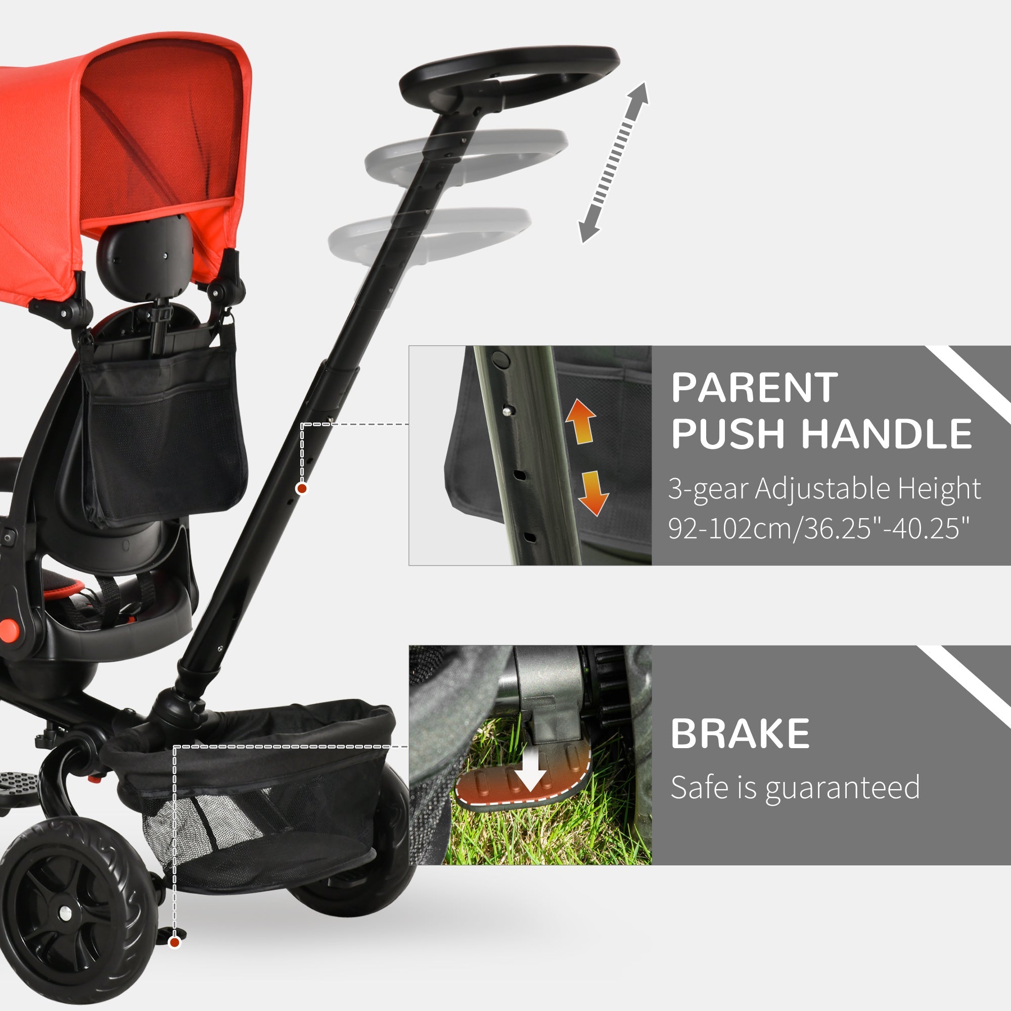 Qaba 4-in-1 Baby Tricycle Stroller, Reversible Seat, Adjustable, Canopy, Safety Belt, Red - Versatile Outdoor Ride