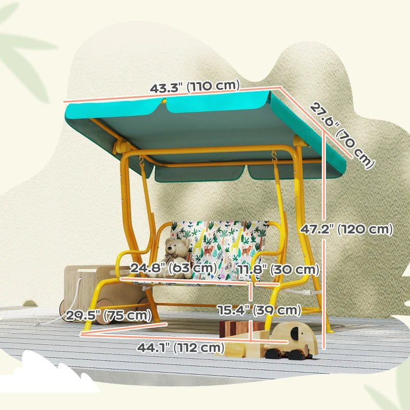 Qaba Kids Porch Swing, 2-Seater Patio Swing Bench with Safety Belts, Adjustable Canopy for Backyard, Garden, Green