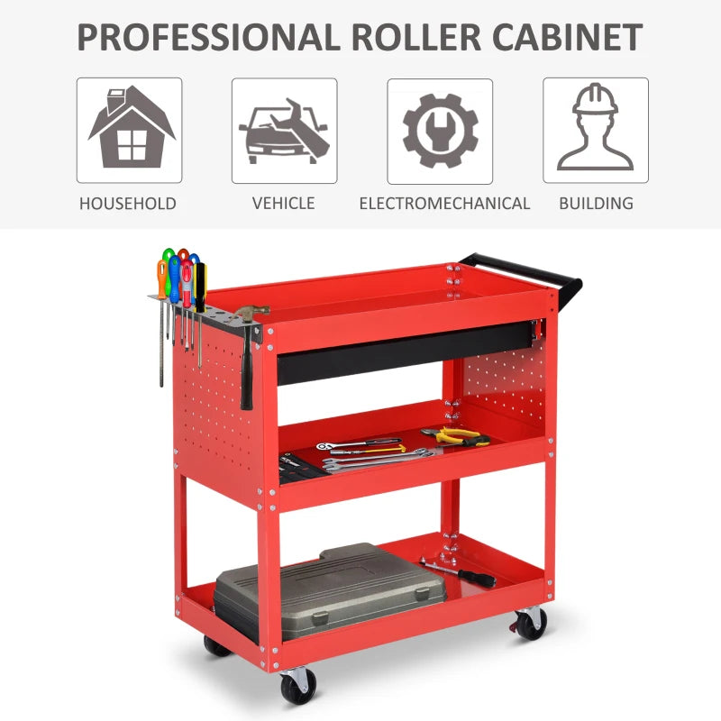 Tool Cart on Wheels, Utility Cart with Wheels, Ball Bearing Drawer, Storage Trays for Garage, Warehouse, Workshop, Red