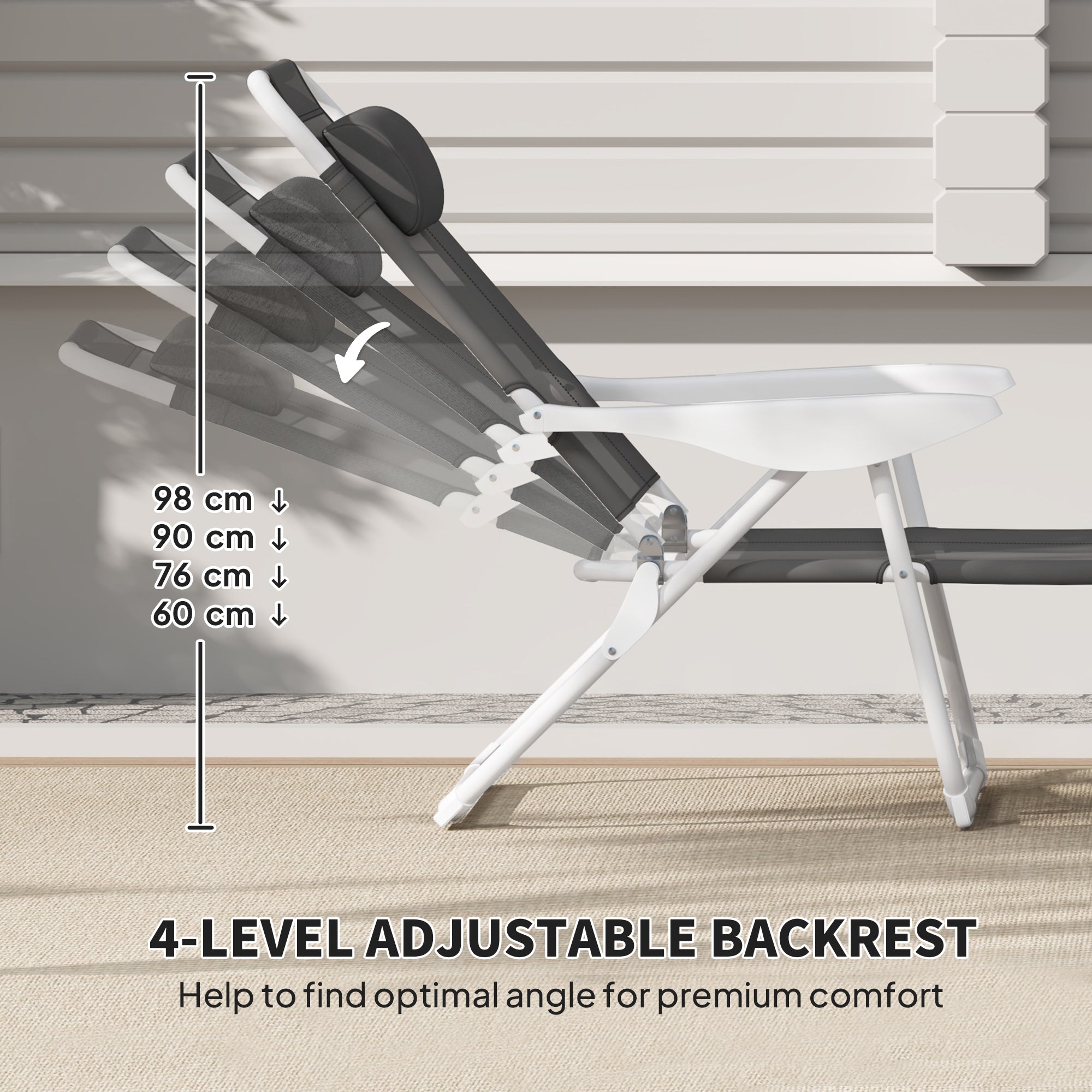 Outsunny Outdoor Sun Lounger, Folding Chaise Lounge with 4-level Adjustable Backrest, Charcoal Grey