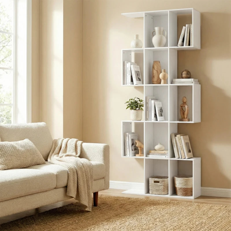 5-Tier Bookshelf, S Shaped Geometric Bookcase with 15 Compartments, White Wood Grain