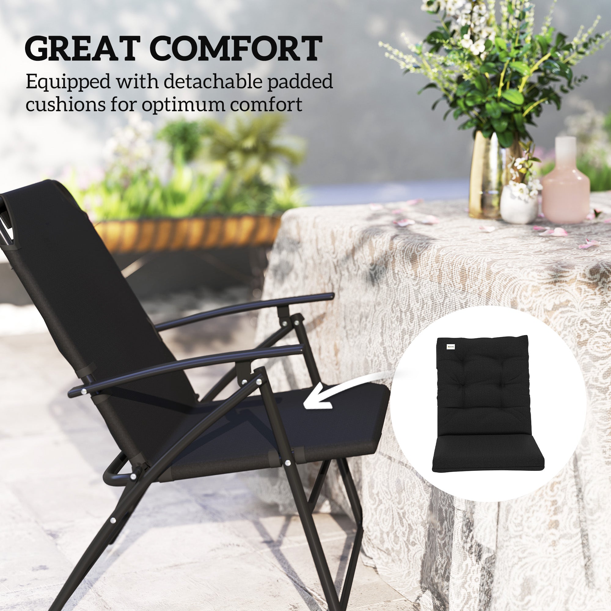Outsunny Set of 2 Outdoor Folding Chairs with Adjustable Backrest, Padded Camping Chairs for Outdoor Events, Black