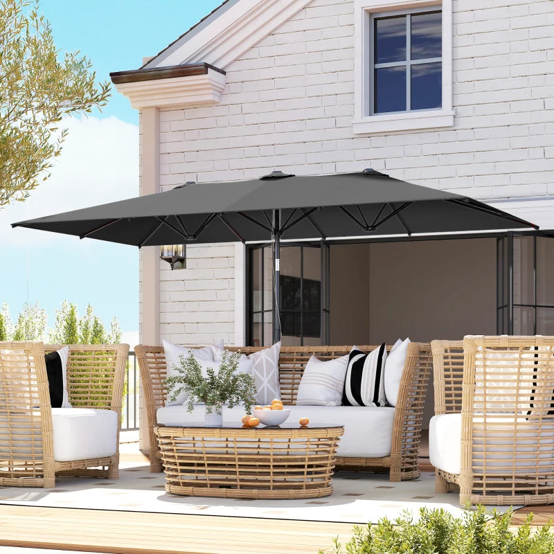 Double-Sided Patio Umbrella Parasol with Tilt, Adjustable Height, Vents and 12 Ribs, for Garden, Deck, Grey