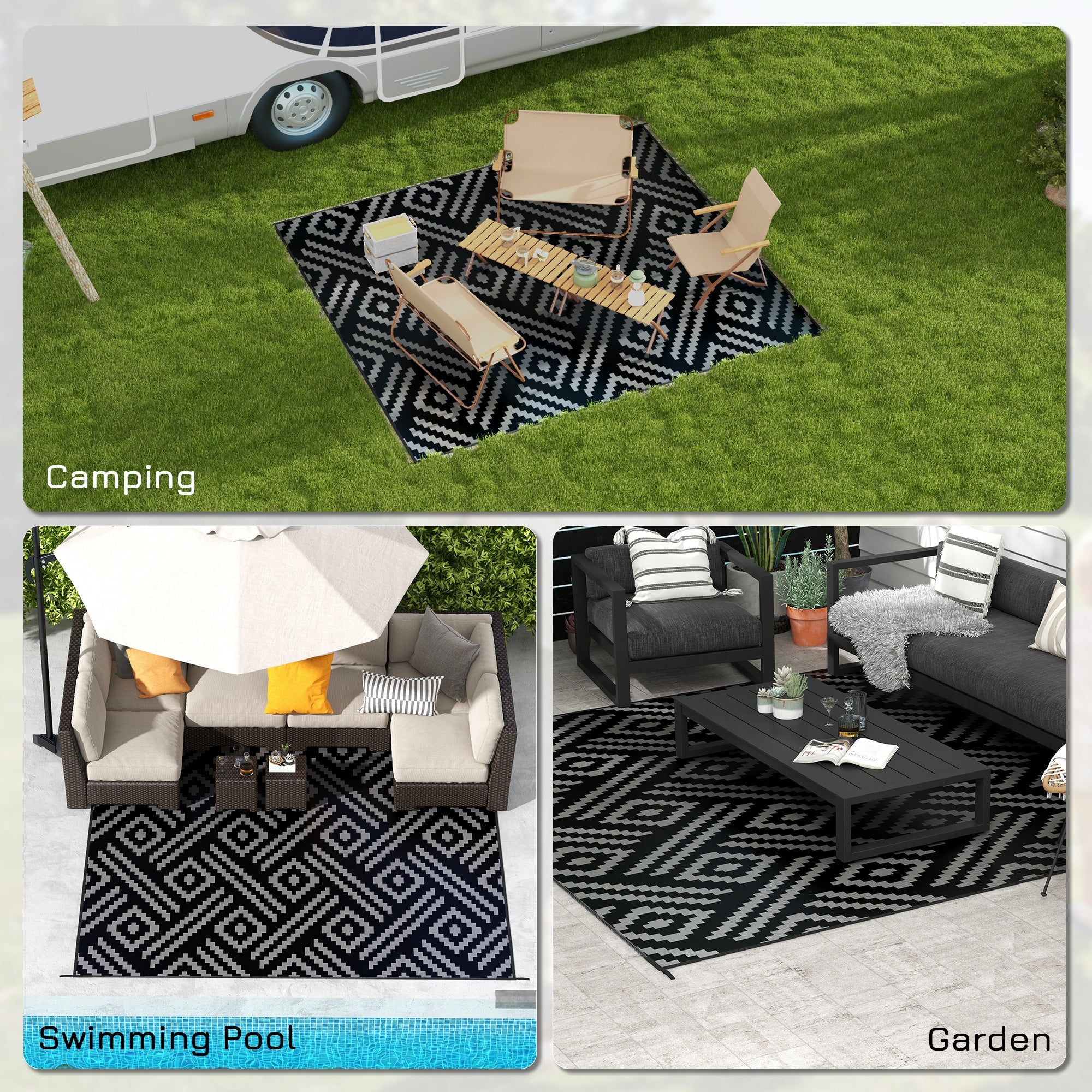 Outsunny 8x10ft Black Grey Geometric Reversible Outdoor Rug Waterproof Plastic Straw with Carry Bag