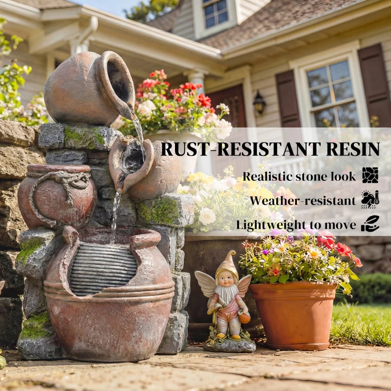 Outdoor Fountain with 4-Tier Rustic Pot Design, Cascading Rock Waterfall with LED Lights and Adjustable Flow