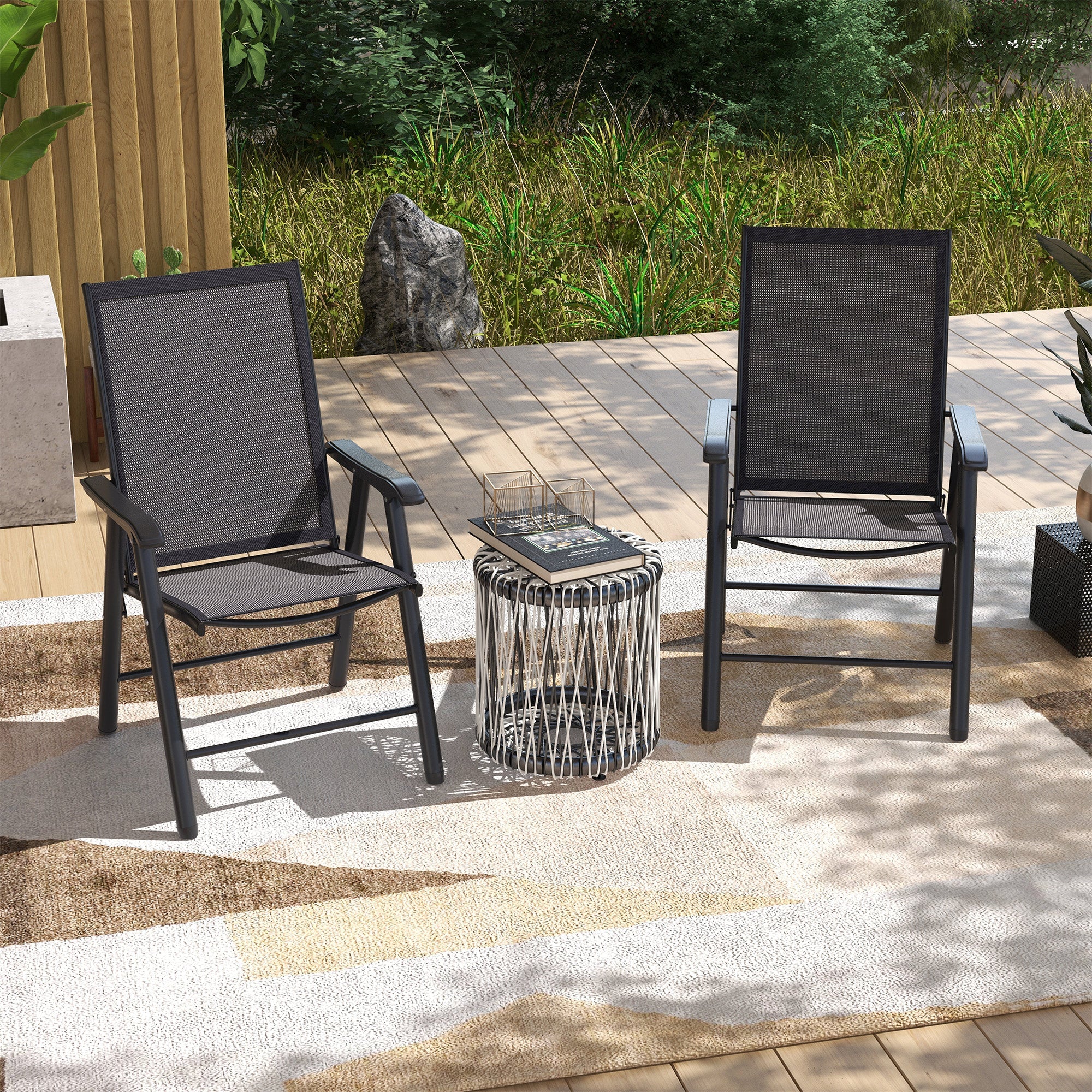 Outsunny 2-Piece Folding Chair Set for Relaxing on Patio Balcony Garden, Comfortable Outdoor Furniture with Armrests, Dark Grey