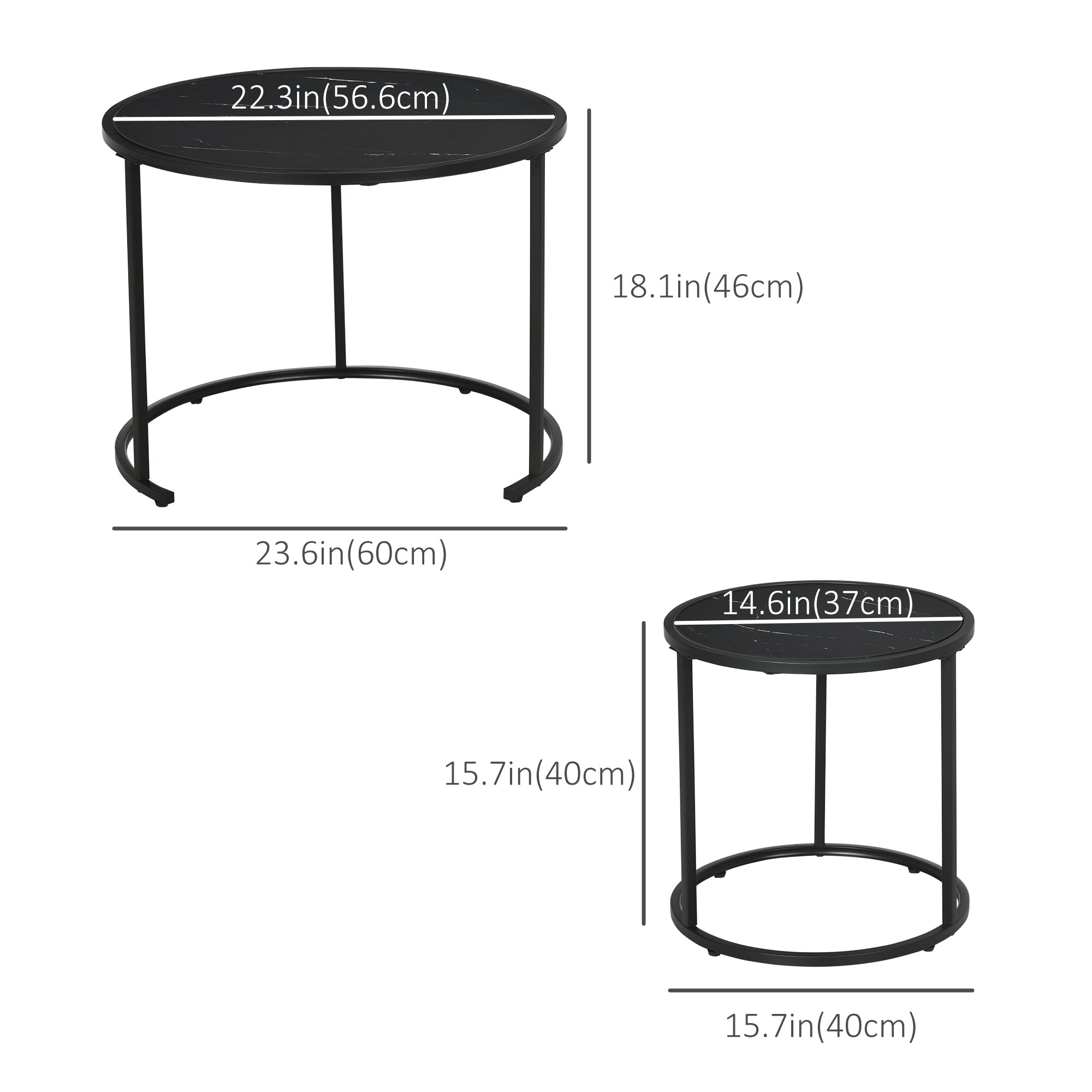 Homcom Black Nesting Coffee Tables: Round Set of 2 with Faux Marble Top & Metal Frame for Modern Style