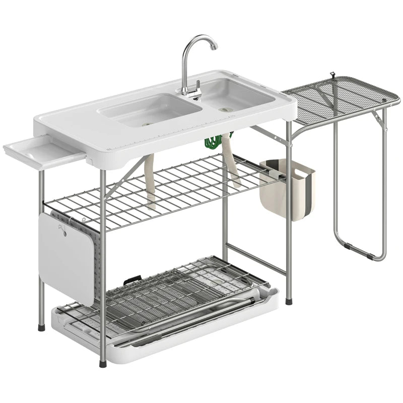 Fish Cleaning Table Folding Sink Portable Camping Sink with Side Shelf & Bottom Rack for Outdoor White