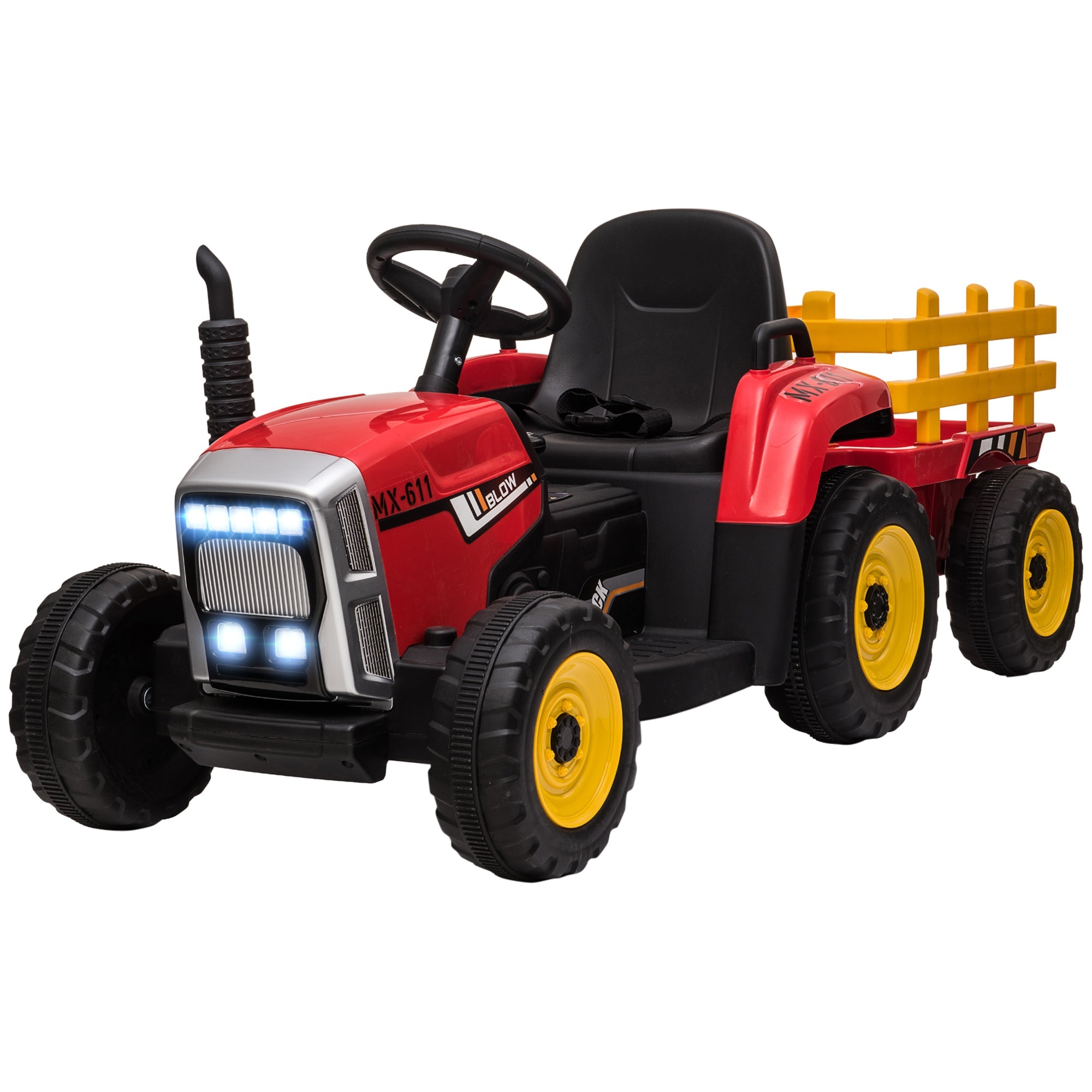 Aosom 12V Kids Ride-On Tractor with Trailer Remote Control Music Startup Sound Horn USB LED Lights Red